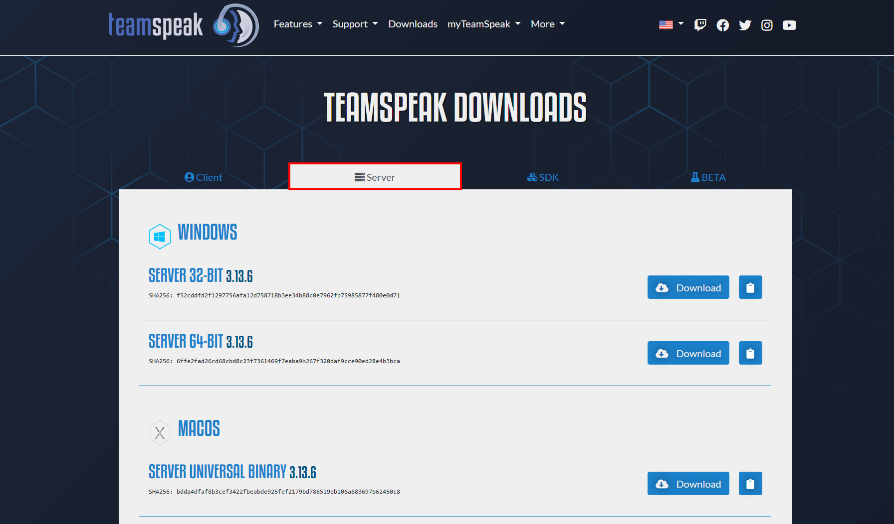 Screenshot of the TeamSpeak download center