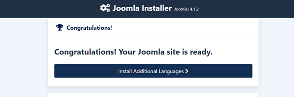 Screenshot showing successful Joomla installation