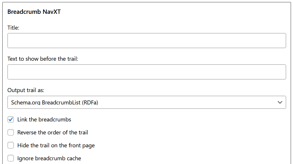 Screenshot of settings in Breadcrumb NavXT
