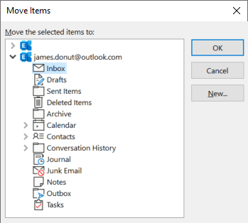 Select folder to which selected items will be moved