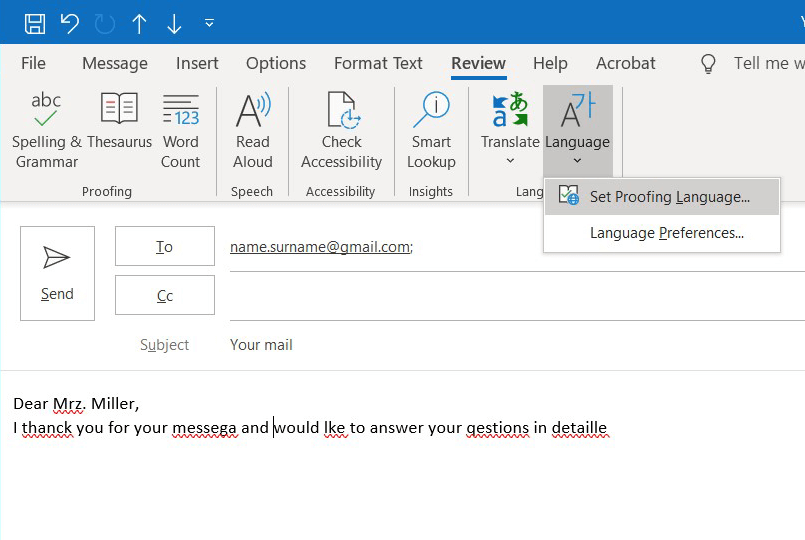 Outlook: Language settings in Mail