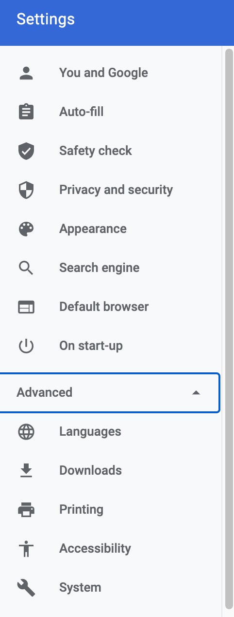 Settings in Google Chrome