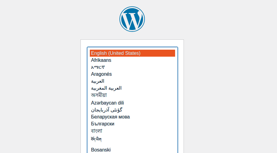 WordPress setup wizard start screen with language selection