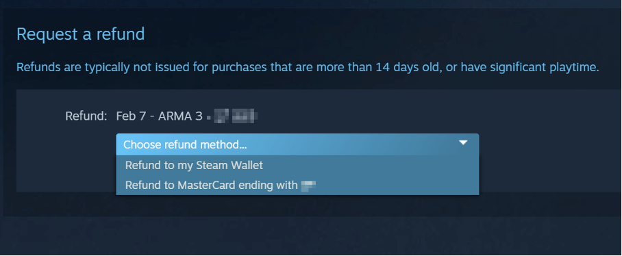Information on requesting a refund on a Steam game