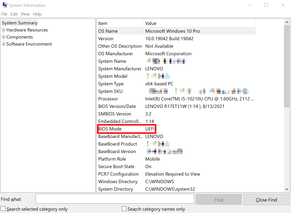 System information with BIOS Mode entry