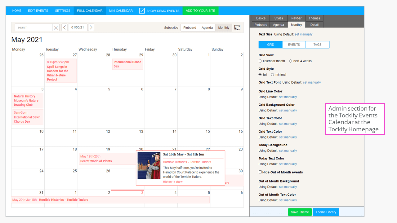The admin section of the Tockify Events Calendar on the provider’s website