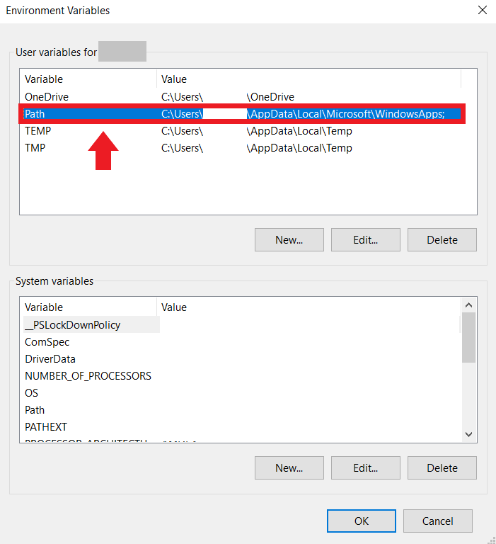 The environment variables in the Windows control panel
