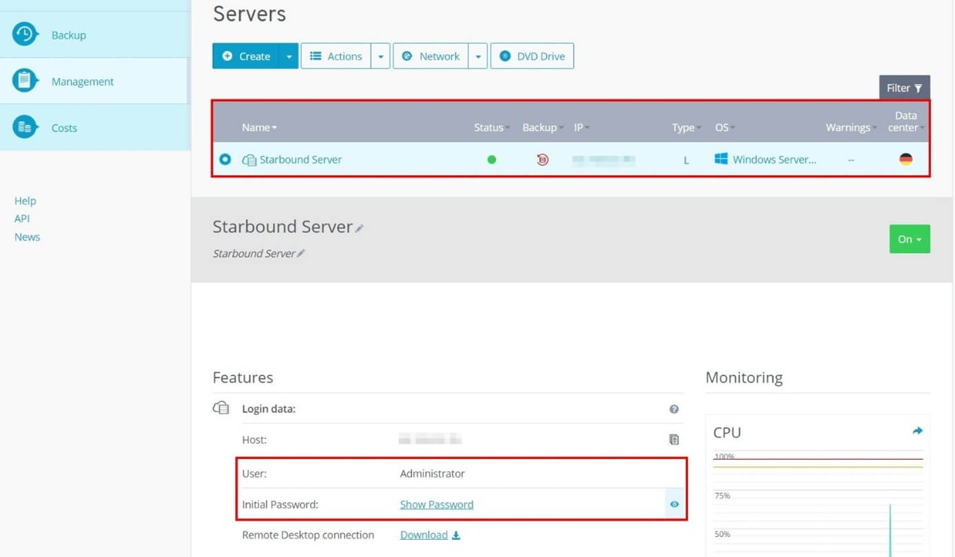 The overview of your server and access data in the IONOS Cloud Panel
