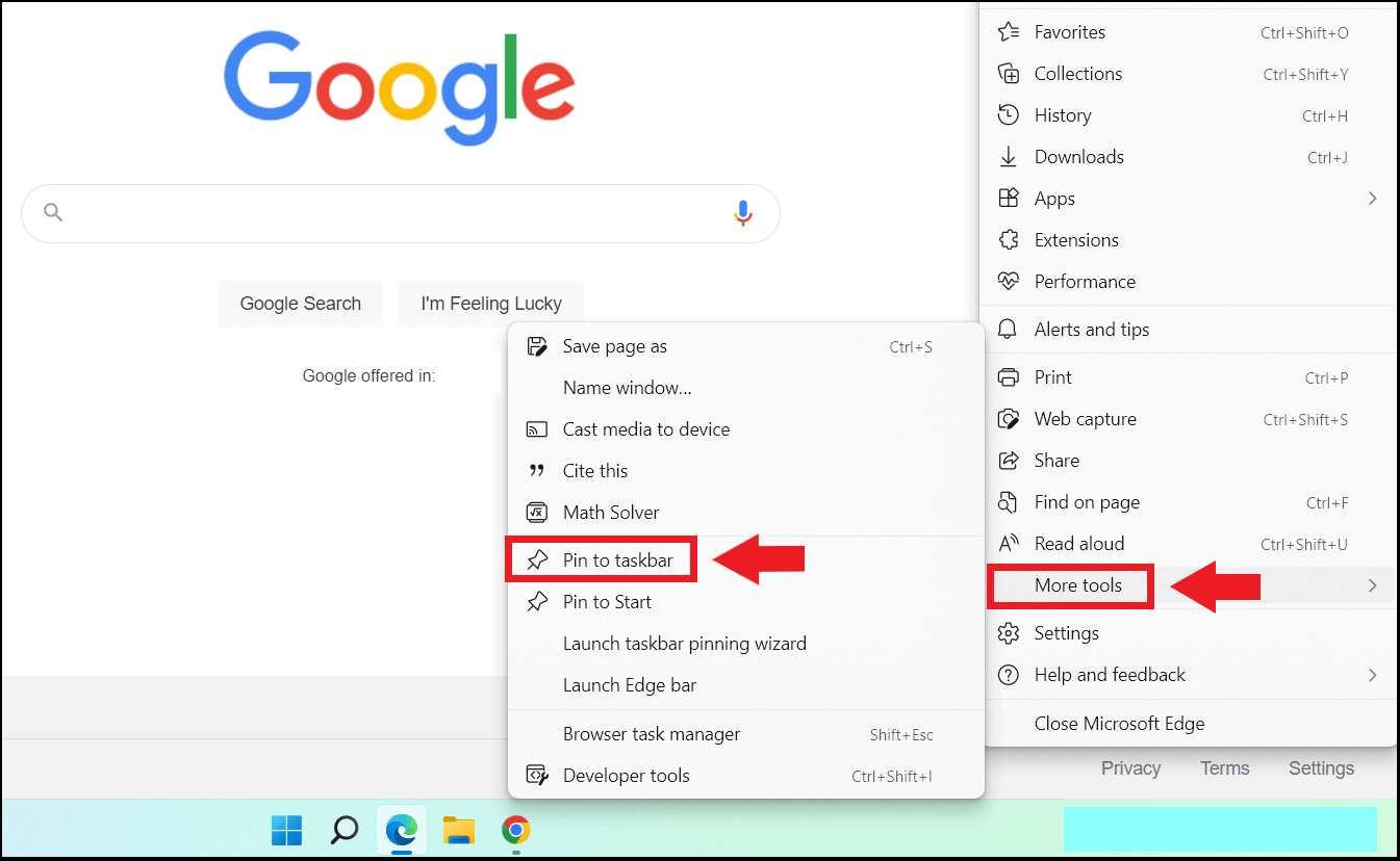 The “Pin to taskbar” option in “More tools”