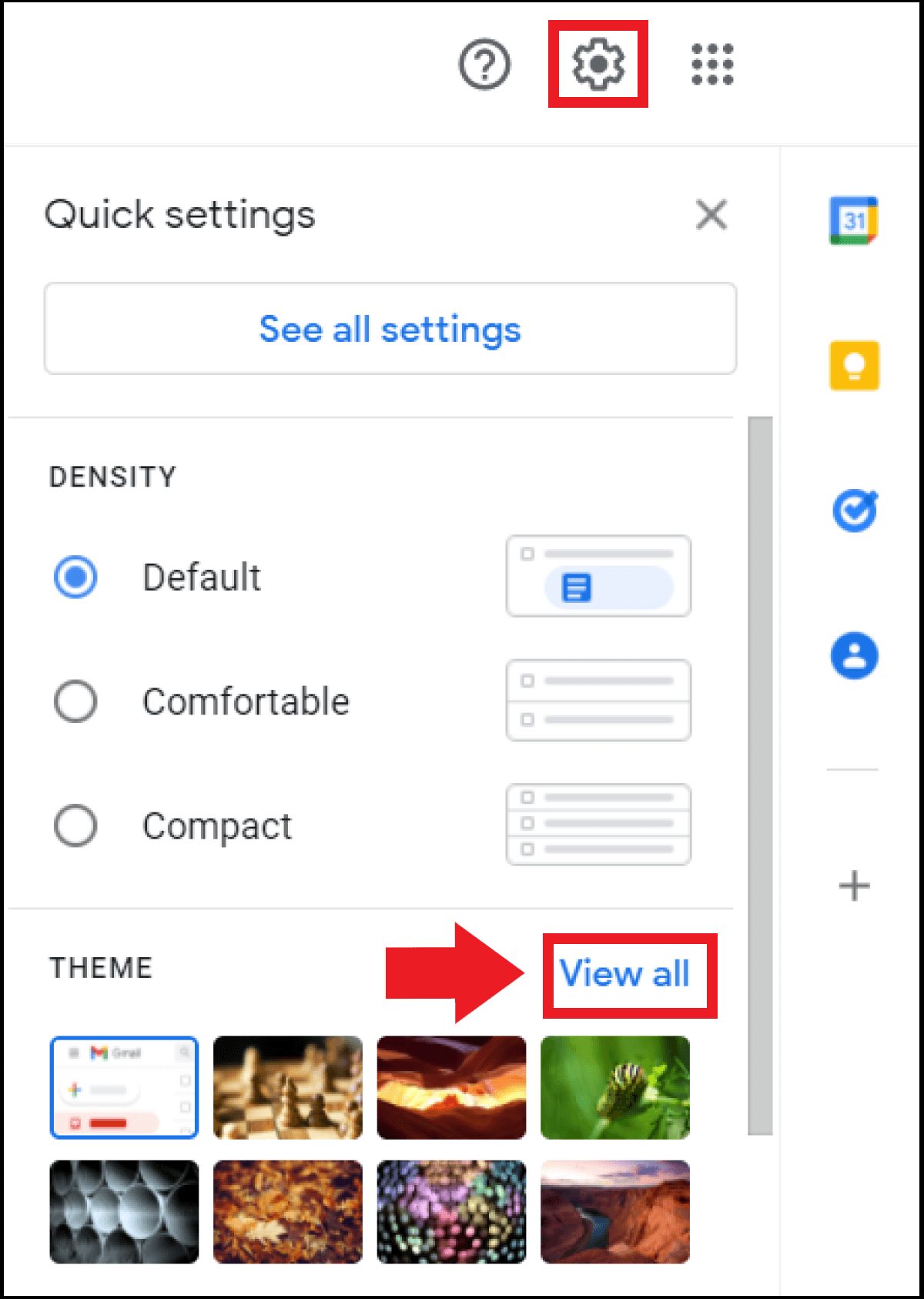 The “Theme” section in Gmail’s quick setting