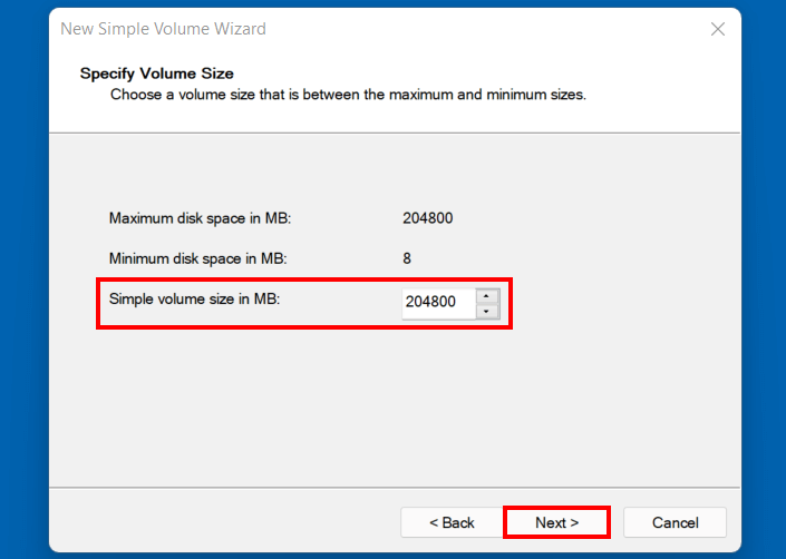 Windows 11: Set volume size