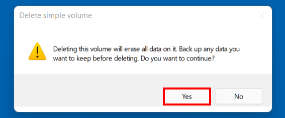 “Delete simple volume” dialog box in Windows 11