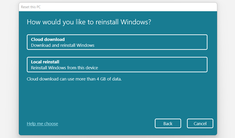 Reset Windows 11: select installation source