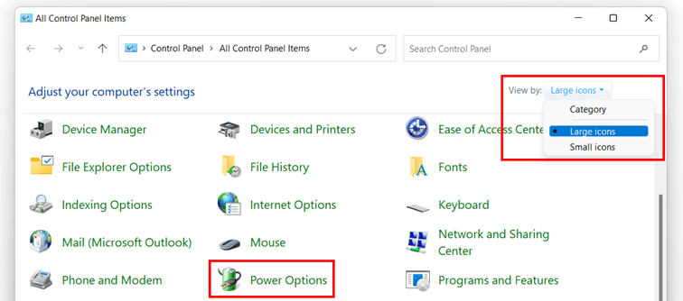 Windows 11 system settings: Power Options settings