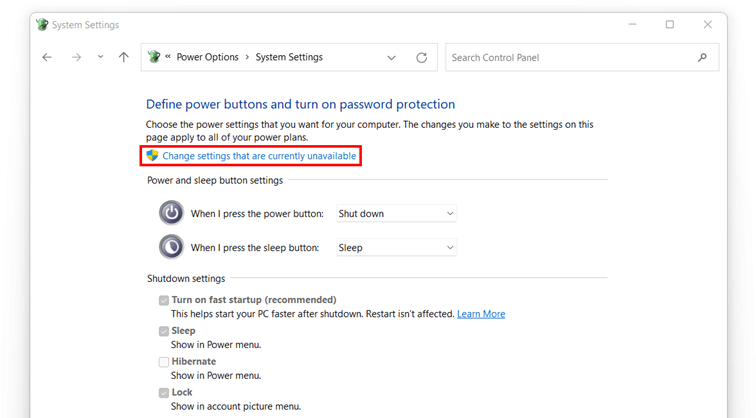 Power options in Windows 11