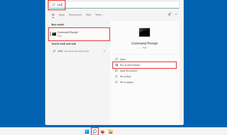Windows 11 search function: Search result for “cmd”