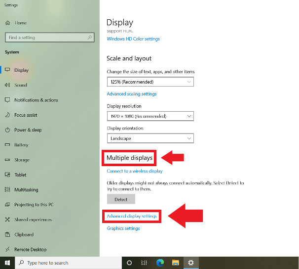 Windows 10: “Display” and “Advanced display settings”