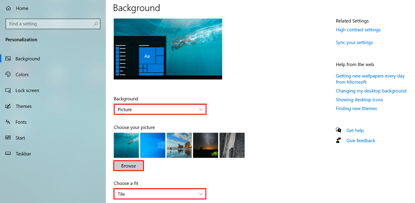 Windows 10: set background image