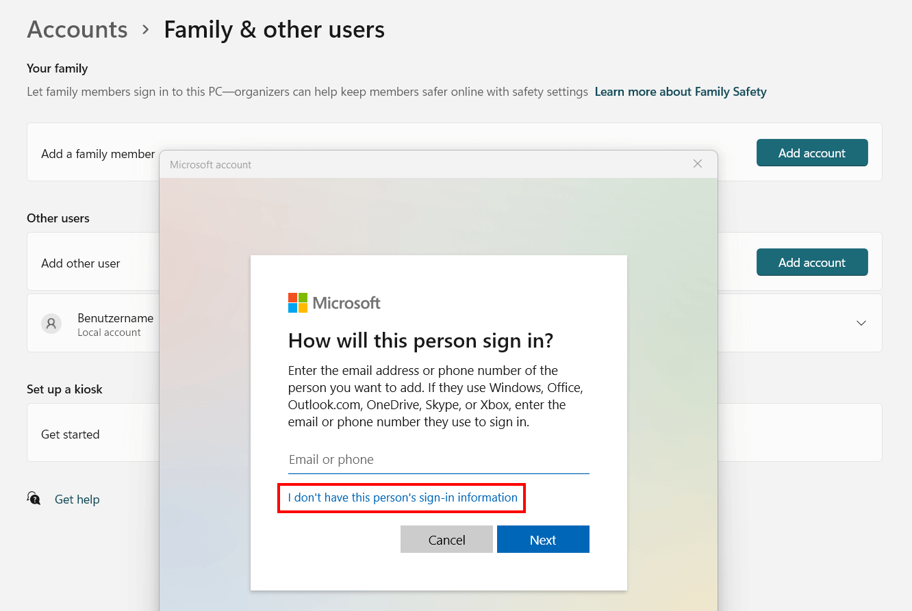 Windows 11: add a new user without a Microsoft account