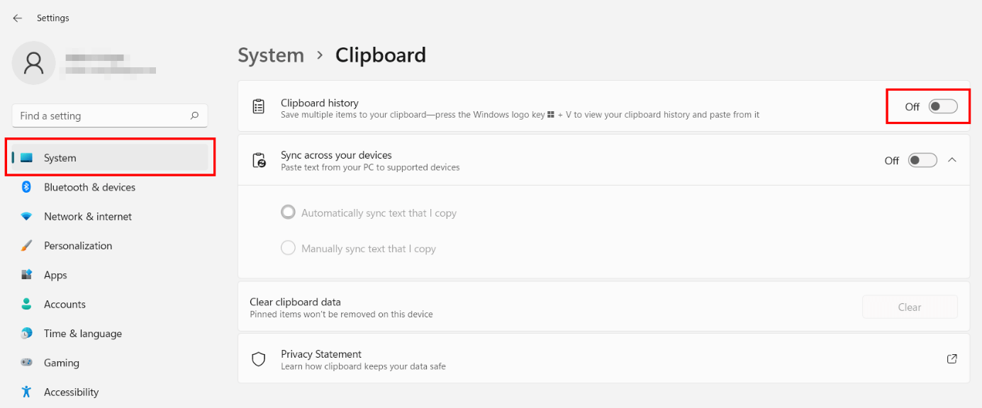Windows 11: Clipboard history turned off
