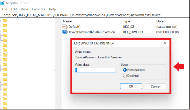 The menu window in the Registry Editor to disable the password prompt in Windows 11