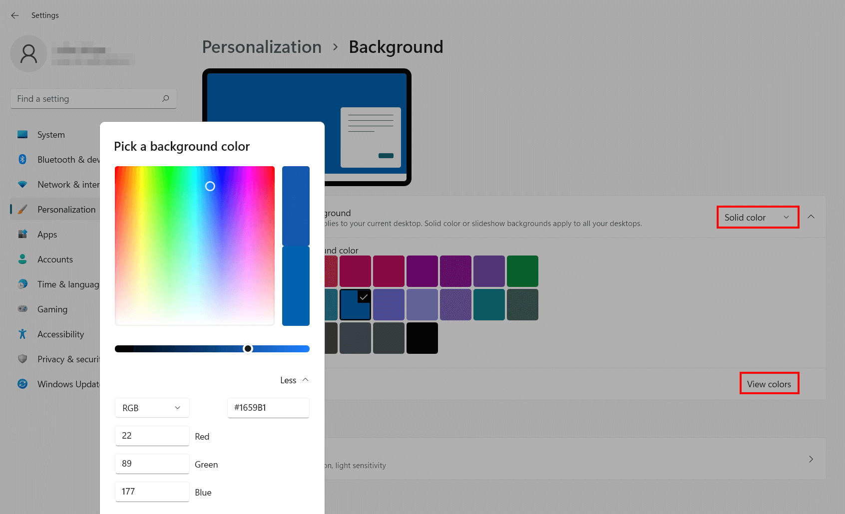 Windows 11: select background color