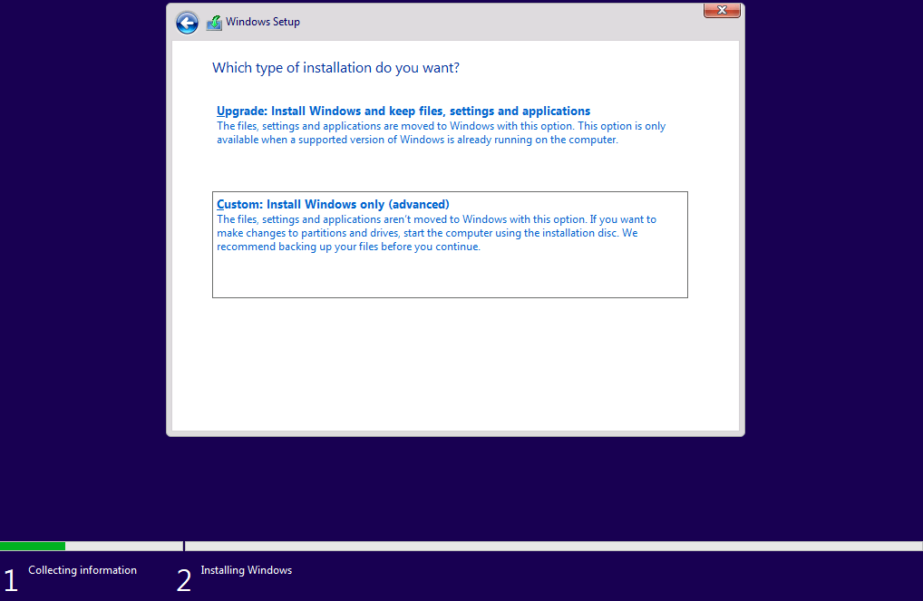 Windows 11: select type of installation
