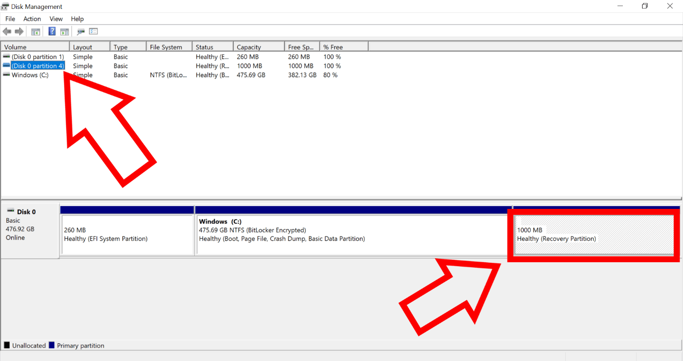 Windows Disk Management screenshot showing the disk 0 partition with the recovery partition
