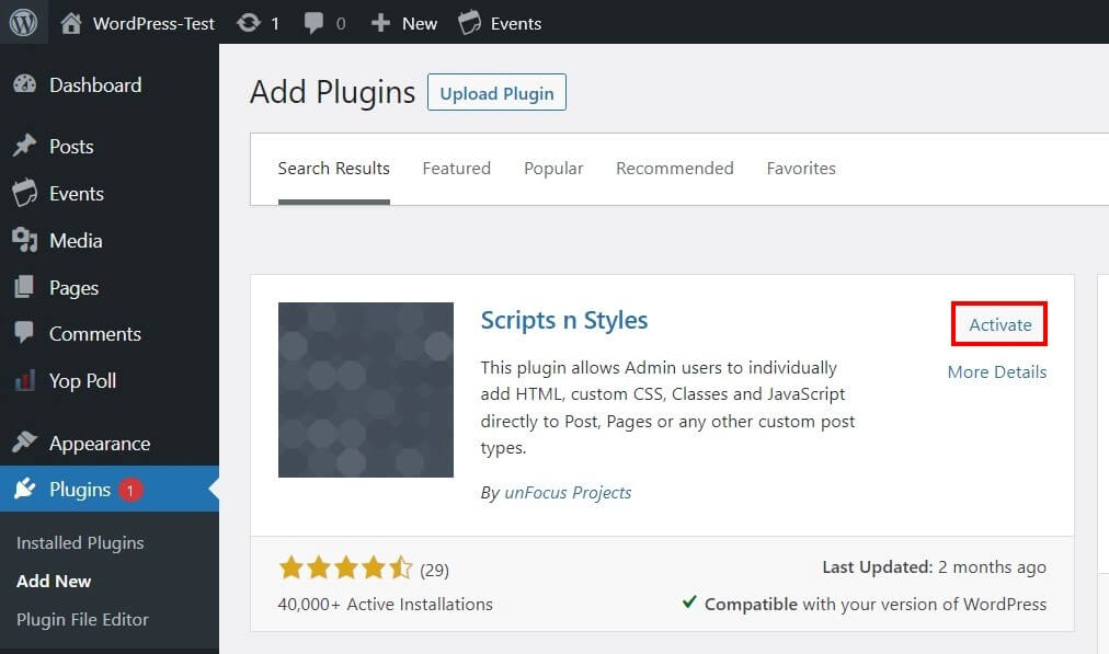 WordPress backend: Installing “Scripts n Styles”