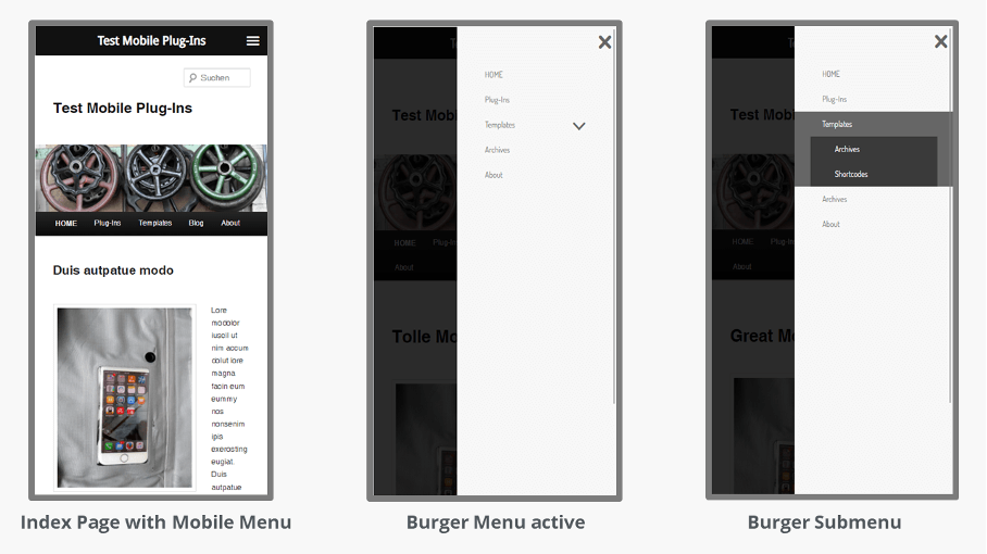 Screenshots of test website with WP Mobile Menu