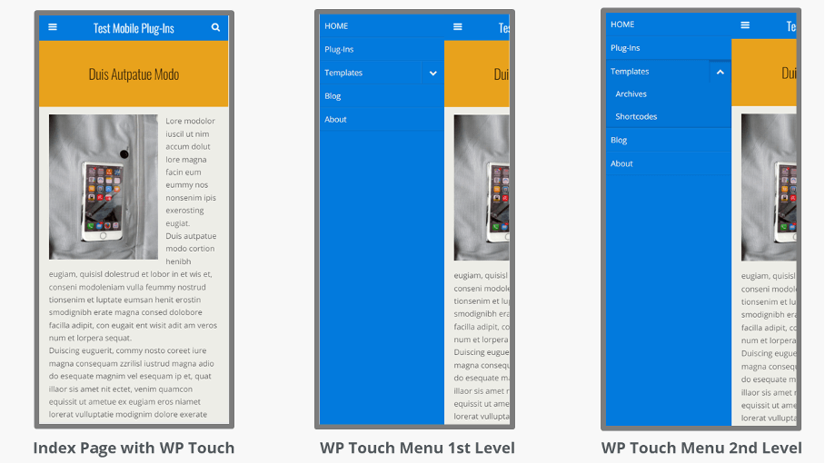 Screenshots of test website with WPtouch