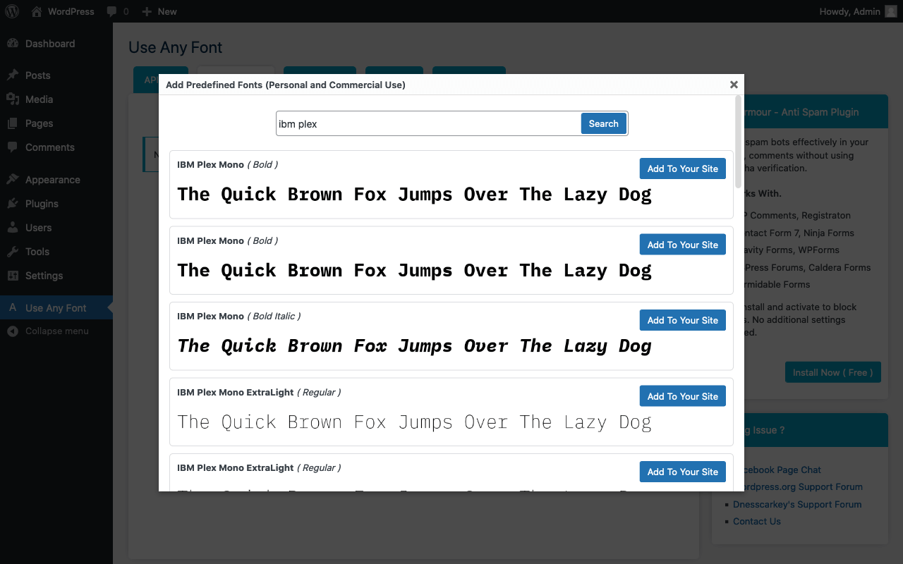 Using the “Use Any Font” plugin in WordPress to add a predefined font
