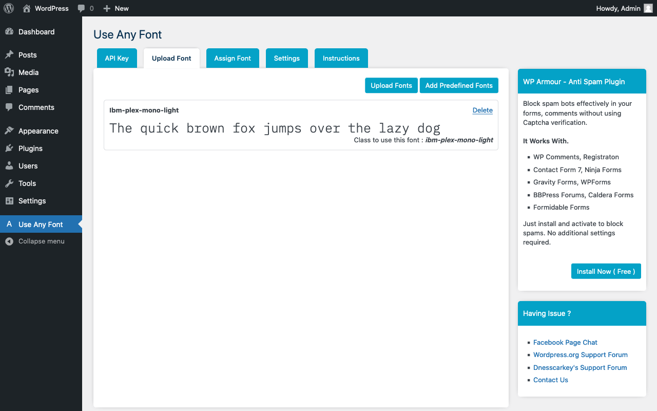 Added font in the “Use Any Font” plugin