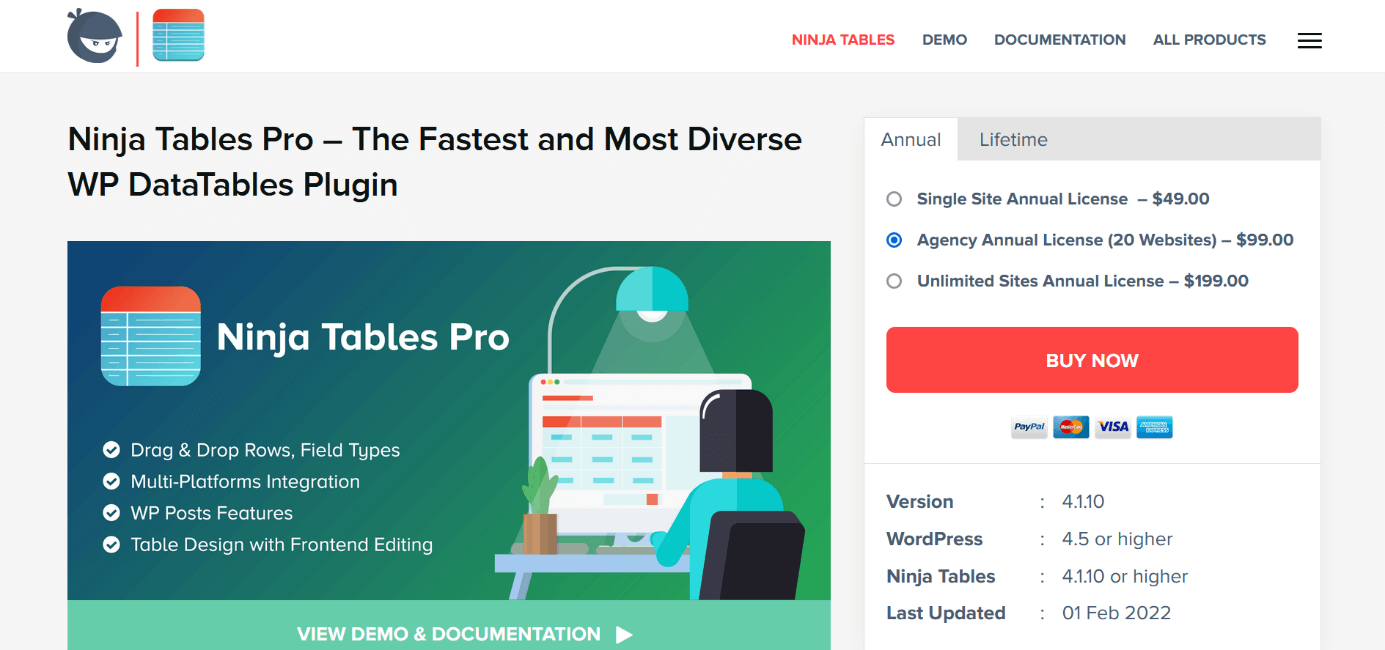 Screenshot of the “Ninja Tables Pro” table plugin website