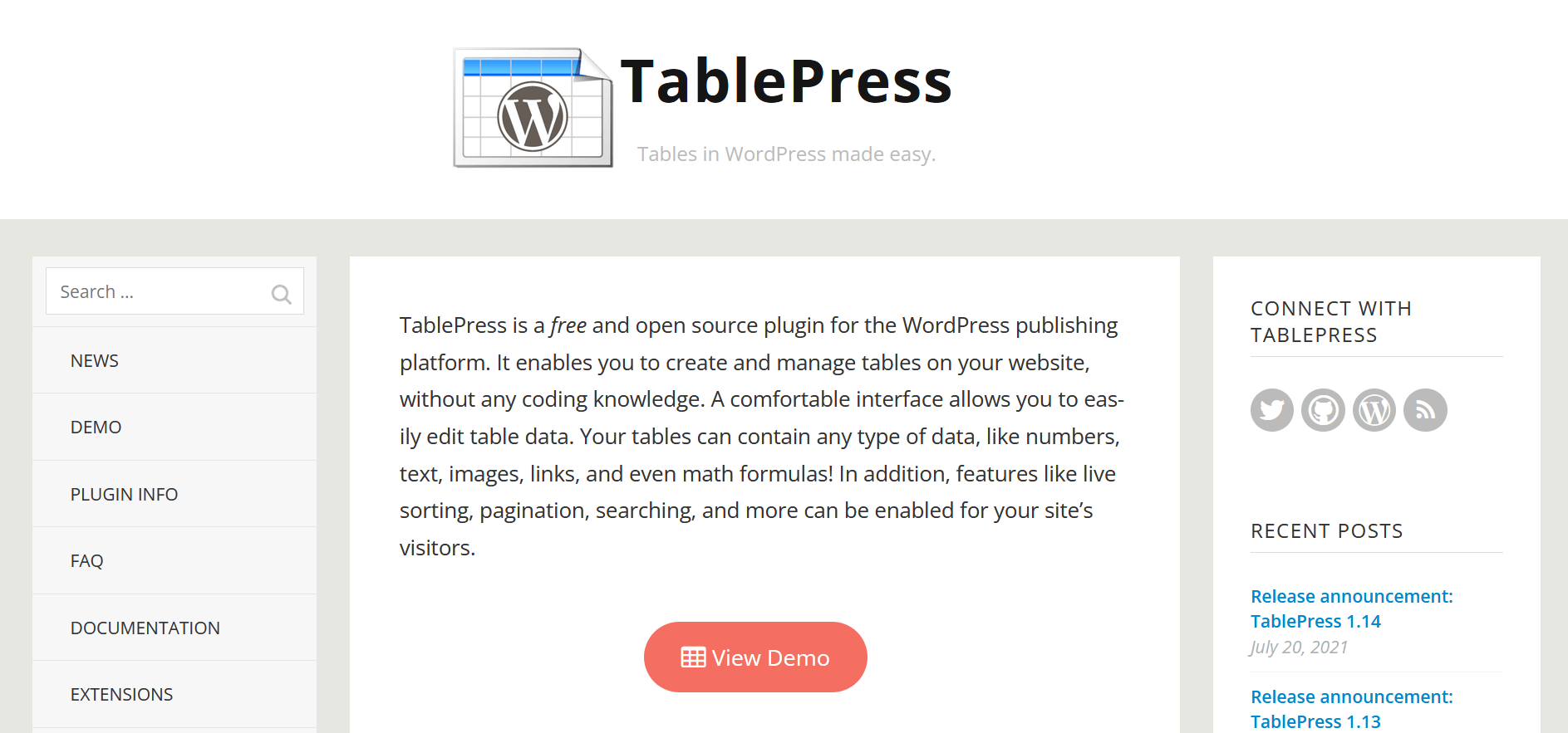 Screenshot of the “TablePress” table plugin website