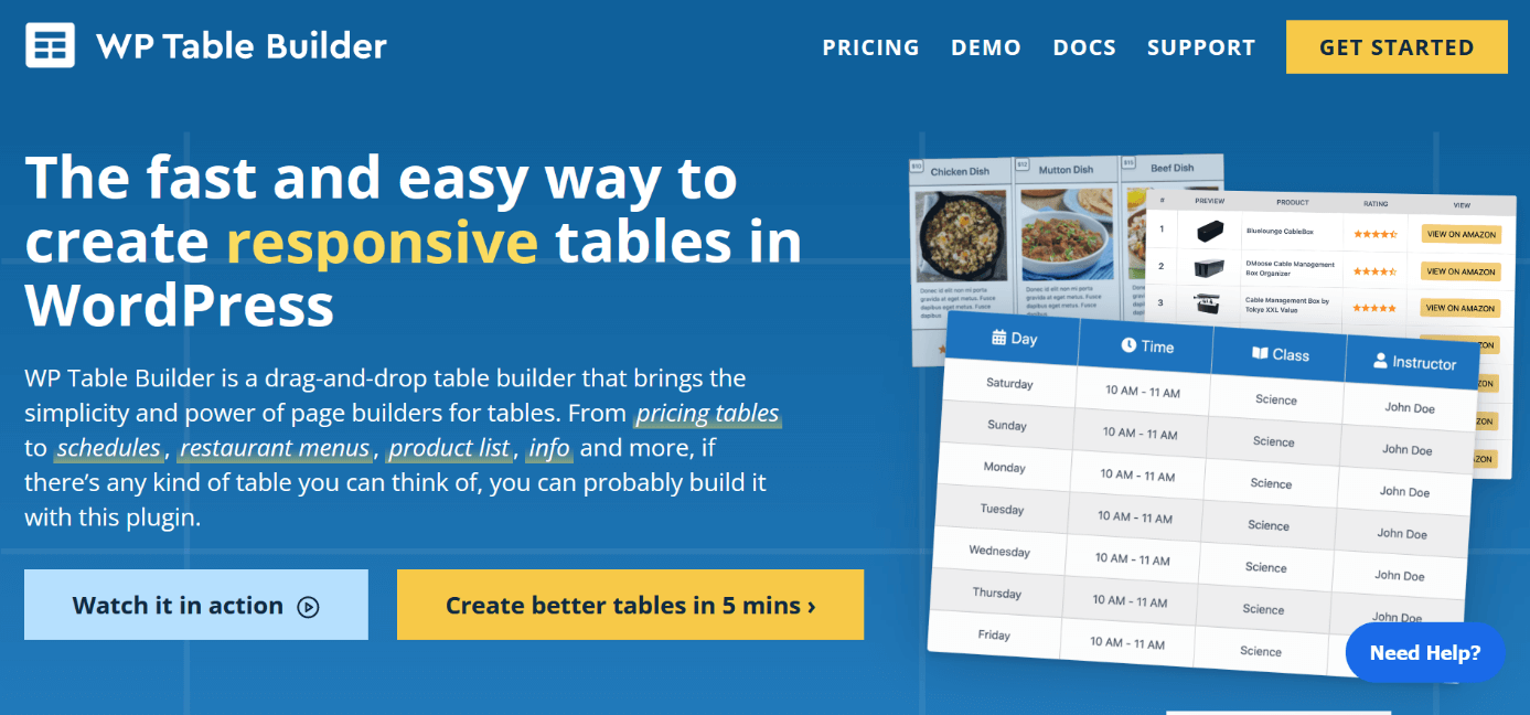 Screenshot of the “WP Table Builder” table plugin website