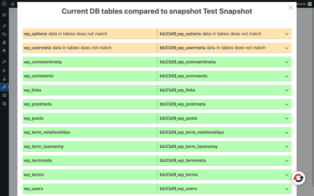 Screenshot of the snapshot page of the “WP Reset” plugin with snapshot comparison
