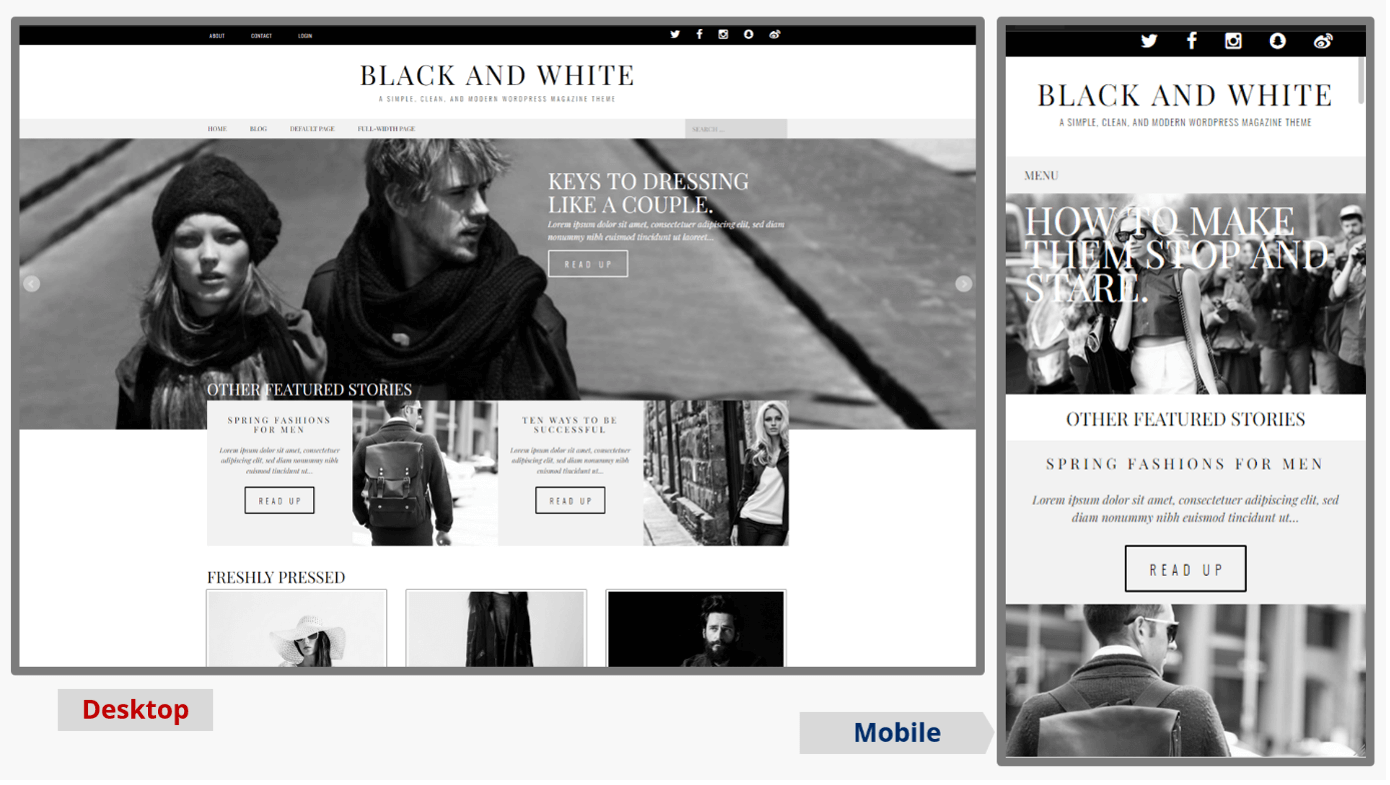 Mobile and desktop screenshots of the WordPress blog theme Black and White