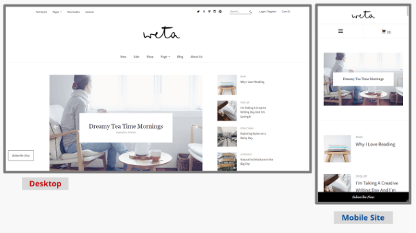 Desktop and mobile screenshots of the WordPress blog template Weta