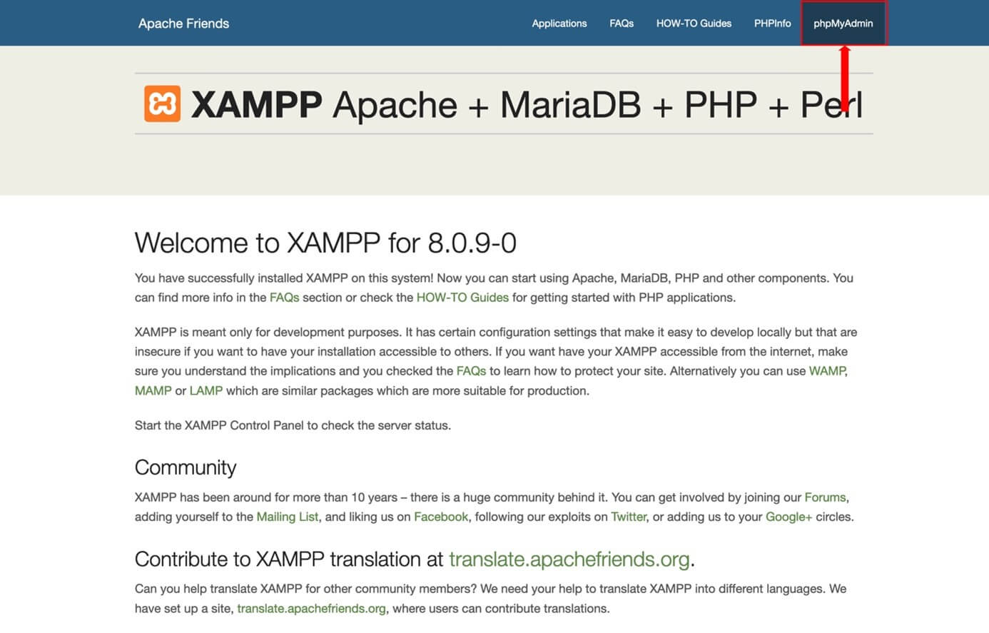 XAMPP page with menu item “phpMyAdmin”