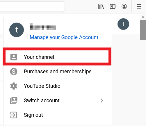 “Your channel” in YouTube profile menu