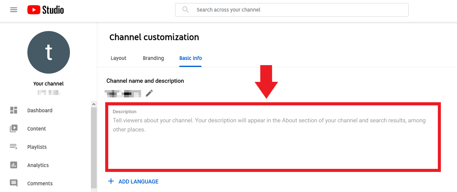 YouTube channel description in the “Description” field