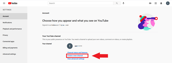 YouTube settings: “Create a new channel”