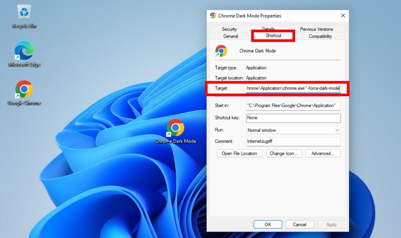 Screenshot of Chrome Dark Mode Properties menu in Windows 11