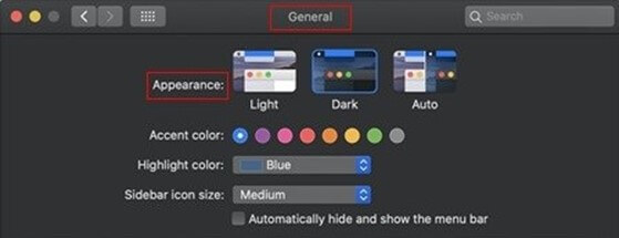 Screenshot of the dark mode option for Mac