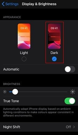 Screenshot of enabling dark mode iOS
