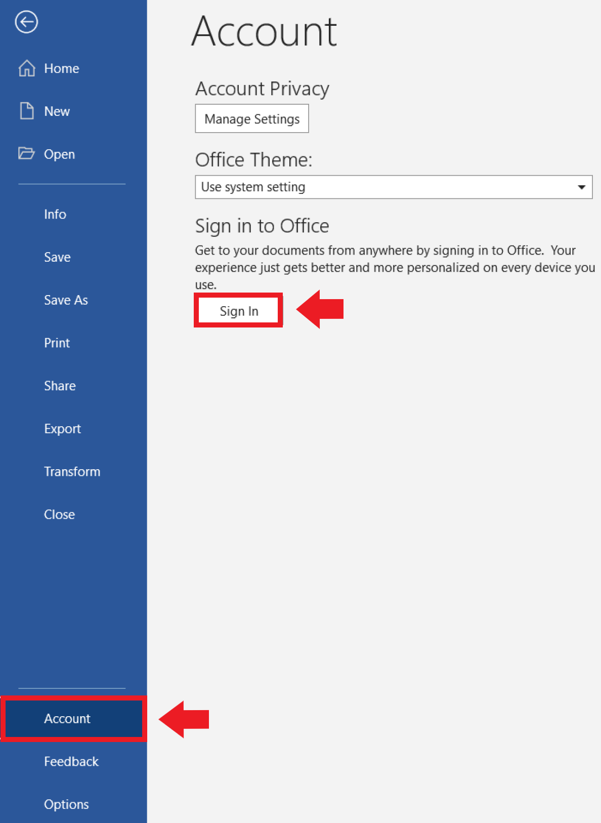 The ‘Account’ window under ‘File’ in Word