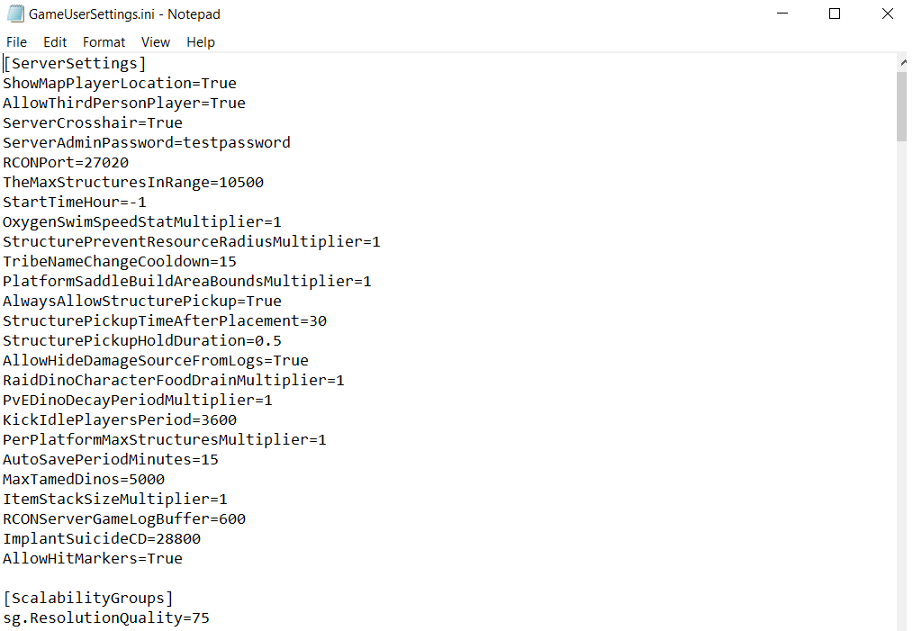 Contents of the configuration file GameUserSettings.ini