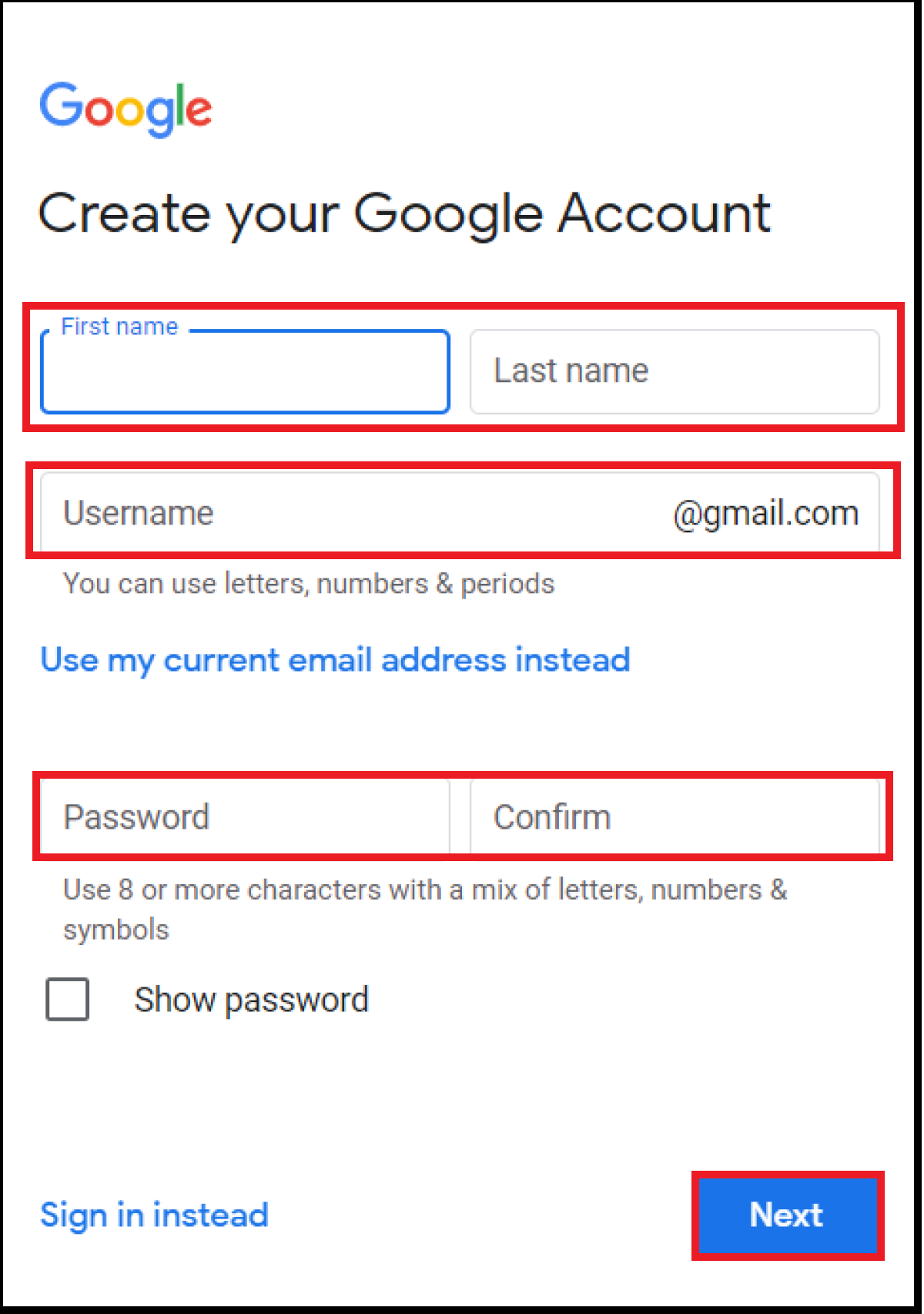 The page to sign up for a new Google account