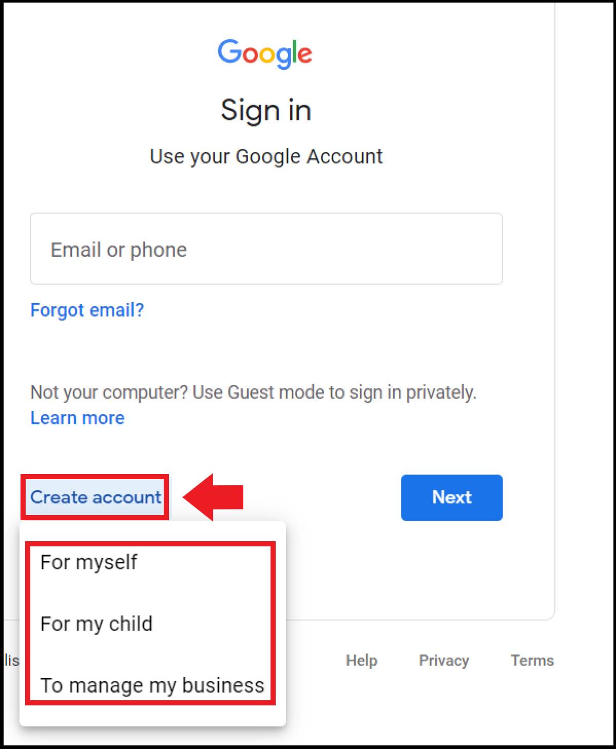 Sign up options via the Google sign in page